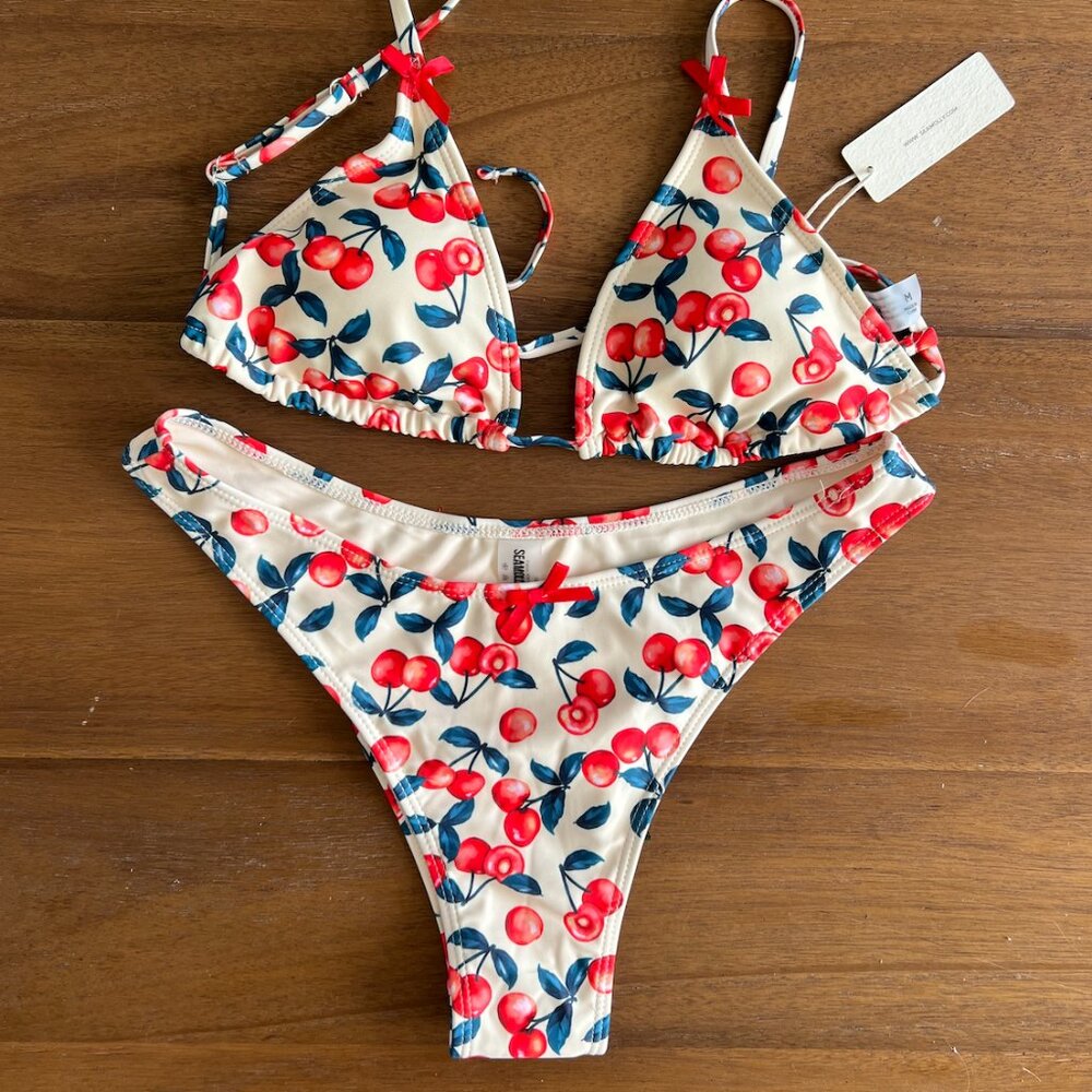 SEAMOLLY FRUIT CHERRY PRINT BOW DECOR TRIANGLE BIKINI SET